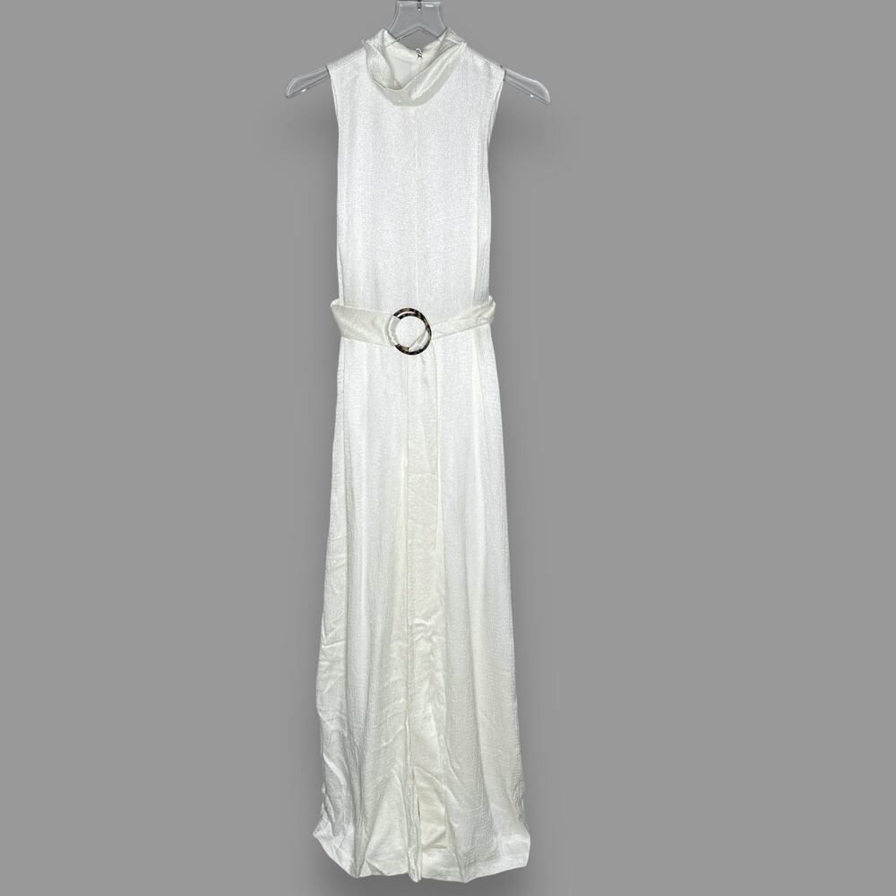 Sally LaPointe 2 White Textured High Rise Belt Sleeveless Jumpsuit Wide Leg